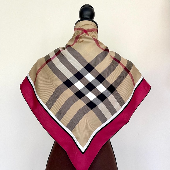 Burberry Scarf Beige Check Burgundy Red Border Silk Wrap - Picture 5 of 14